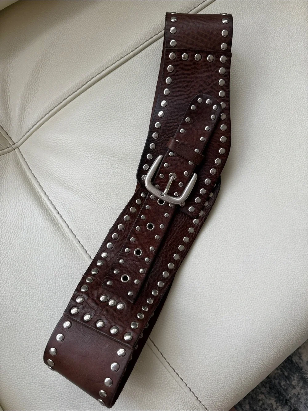 Zara Dark Brown Studded Wide Leather Belt with Silver Hardware